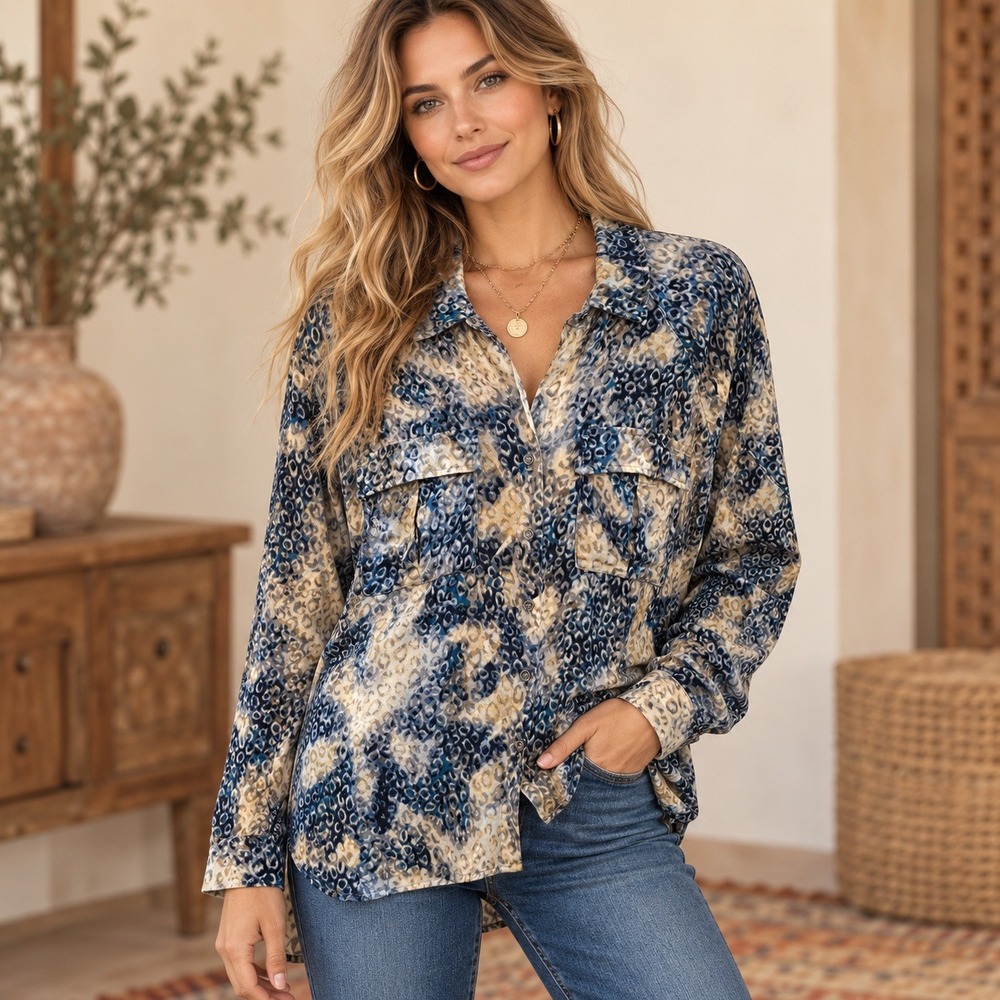 Lovestitch Blue Tan Leopard Animal Print Button Down Shirt Career Large